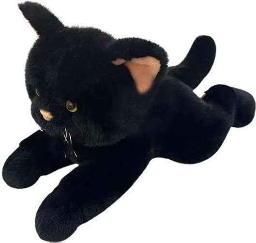 Pisică de pluș culcată, neagră, 45 cm