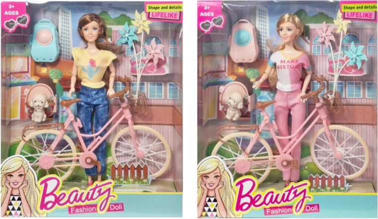 Păpușă cu bicicletă și accesorii