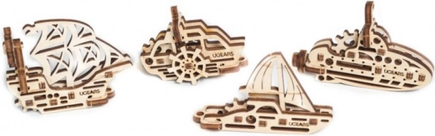 Ugears puzzle mecanice 3D din lemn – 4 brelocuri mecanice Nave