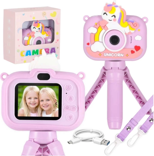 Aparat foto digital pentru copii Unicorn cu trepied și card de 8 GB