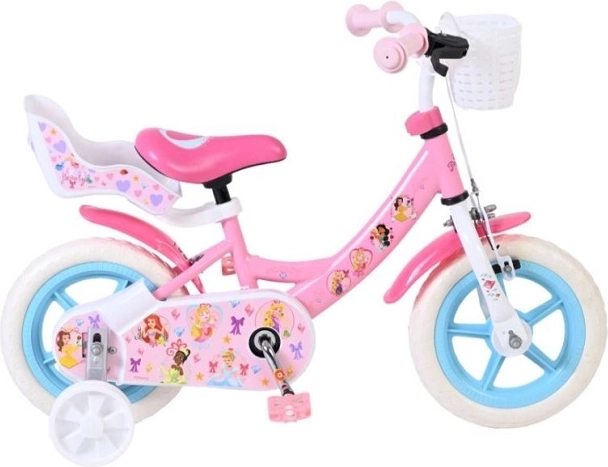 Bicicletă pentru copii 12" Disney Princess cu roți ajutătoare, coș și scăunel pentru păpușă