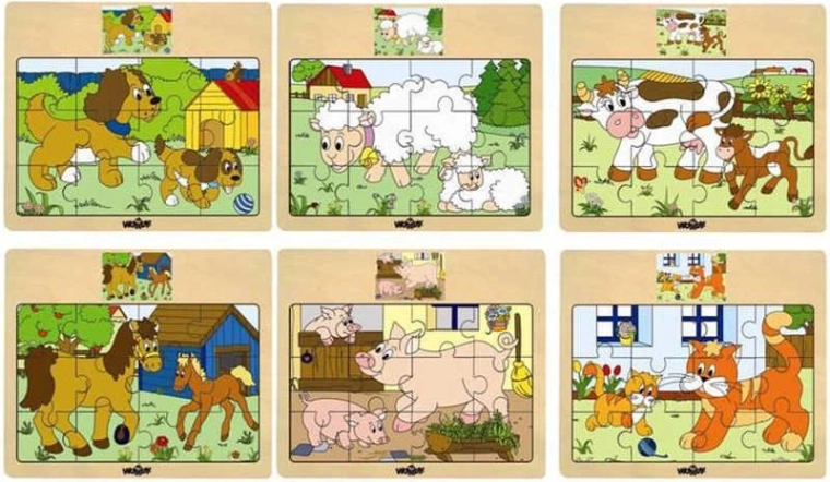 Puzzle din lemn Woody pe tablă cu animale domestice și puii lor - 1 bucată