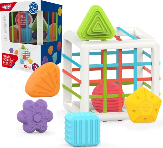 Cub Sensorial Elastic pentru Copii Woopie Sorter cu Forme Colorate
