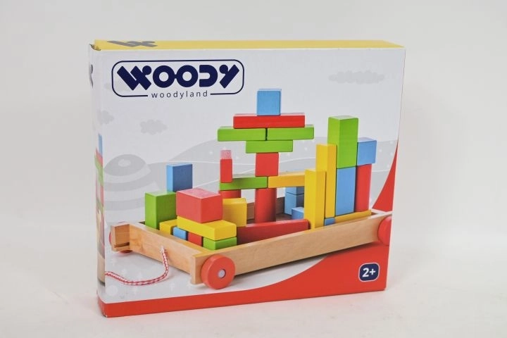 Cărucior de tras din lemn Woody cu cuburi, 34 de piese