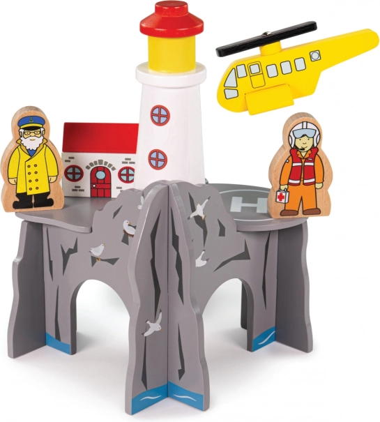 Tunel Bigjigs Rail cu far și heliport – set din lemn pentru calea ferată de jucărie