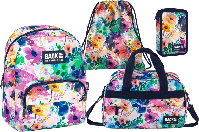 Set școlar avantajos BackUP Spring Flowers 4în1 – rucsac, penar echipat, sac și geantă sport