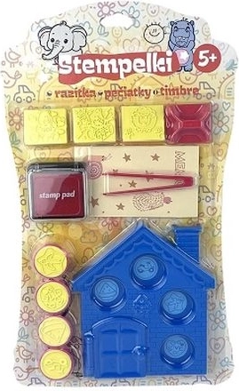 Set de ștampile pentru copii cu cerneală roșie și cutie în formă de căsuță