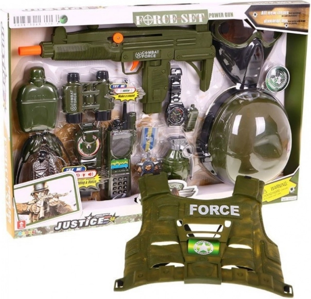 Set militar pentru copii, 15 piese, cu efecte interactive, cască, vestă, pușcă și stație radio