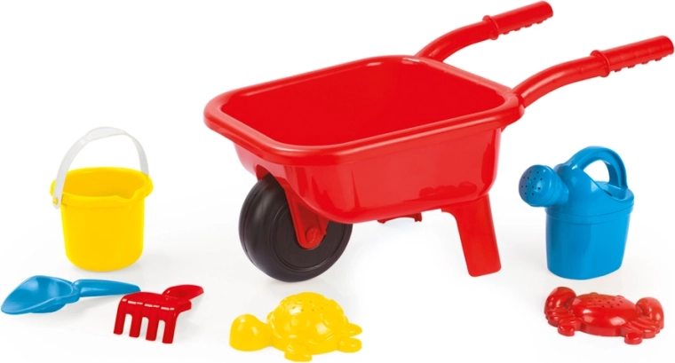 Roabă din plastic pentru copii, pentru nisip, roșie, cu set de 7 piese
