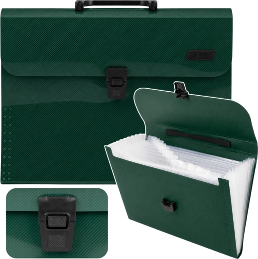 Organizator tip acordeon pentru documente A4 cu mâner, 13 compartimente, verde – 1 bucată