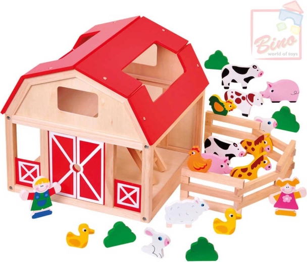Bino fermă din lemn cu animale – set de joacă