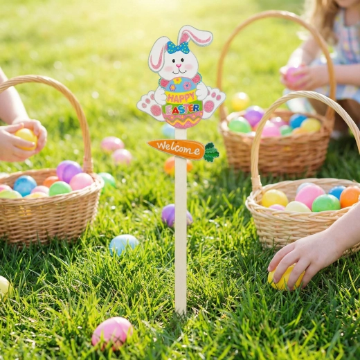 Iepuraș decorativ de Paște cu ou, pentru înfipt în pământ, 70 cm
