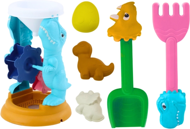 Set de nisip cu dinozauri, cu moară, lopățică, greblă și forme