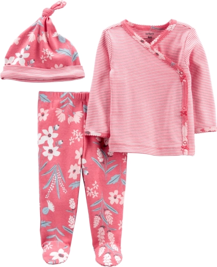 Set pentru fetițe Carter’s Pink Flower – body tip kimono cu mânecă lungă, pantaloni cu botoșei și căciuliță