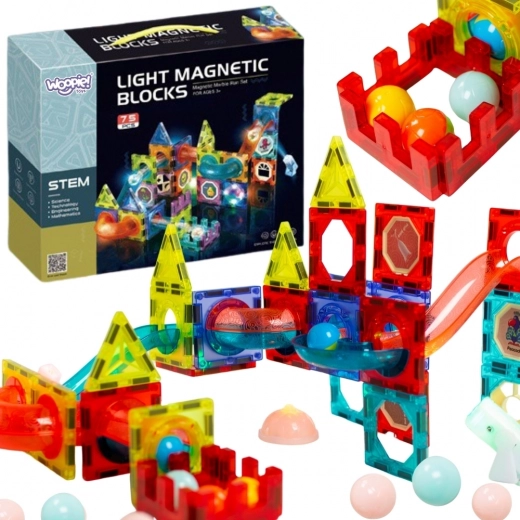 Set de construcție magnetic cu pistă pentru bile, 77 piese