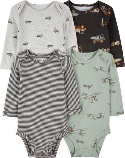 Body bébé Carter’s cu mânecă lungă, dungi verzi Avion, set 4 buc, măr. 56