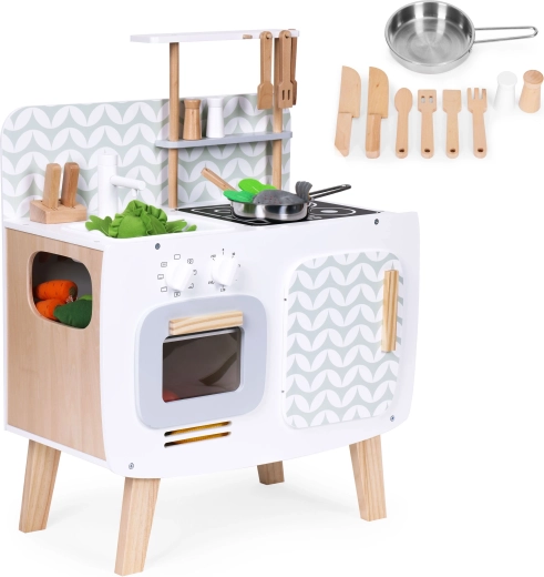 Bucătărie retro din lemn pentru copii cu cuptor, arzătoare și chiuvetă ECOTOYS