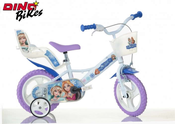 Dino Bikes bicicletă pentru copii 12″ Regina Zăpezii cu coș și scaun pentru păpușă