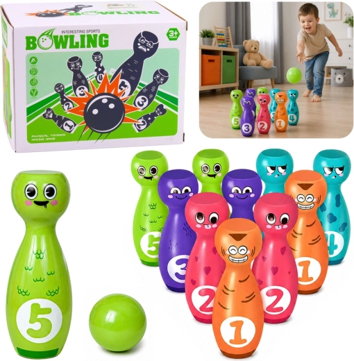 Popice pentru copii cu fețe – set educativ cu 10 popice și 2 bile
