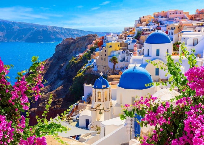 Puzzle Santorini cu flori, Grecia 1000 de piese