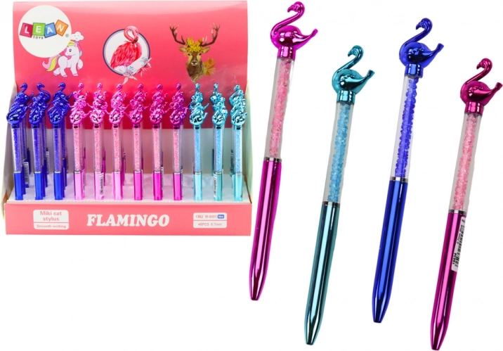 Pix cu bilă cu flamingo și pietricele strălucitoare, mină albastră 0,7 mm (mix de culori)