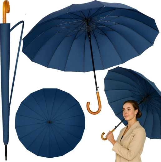Umbrelă lungă mare automată cu 24 de spițe, albastru marin, 115 cm cu husă de umăr