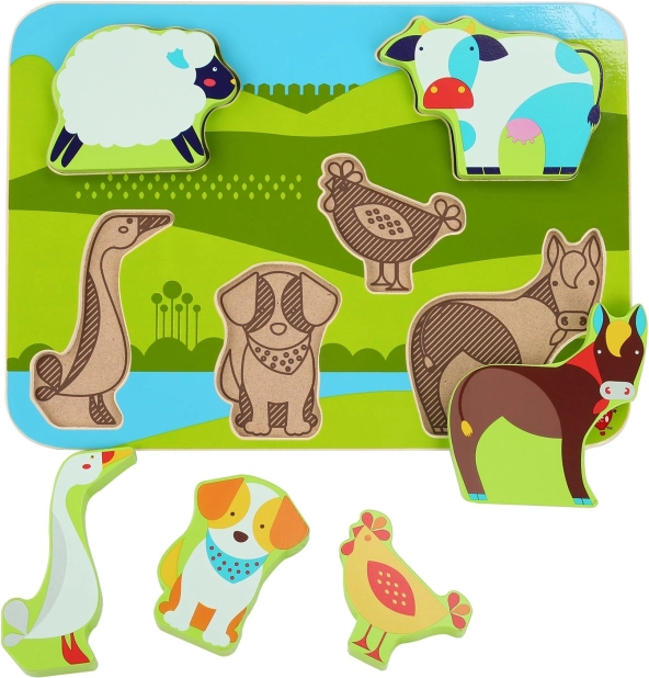 puzzle din lemn cu forme de introdus, fermă cu animale LUCY & LEO, 7 piese