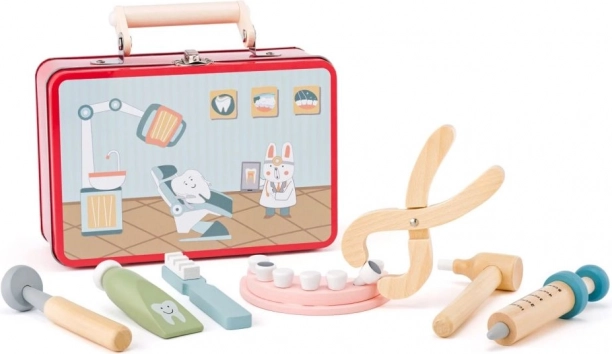 Set stomatologic pentru copii mici – trusă medicală din lemn în cutie metalică