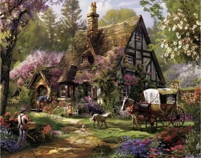 Pictură cu diamante – căsuță la țară 30 × 40 cm