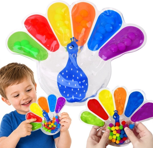 Jucărie senzorială de strâns fidget păun cu biluțe colorate – 1 buc