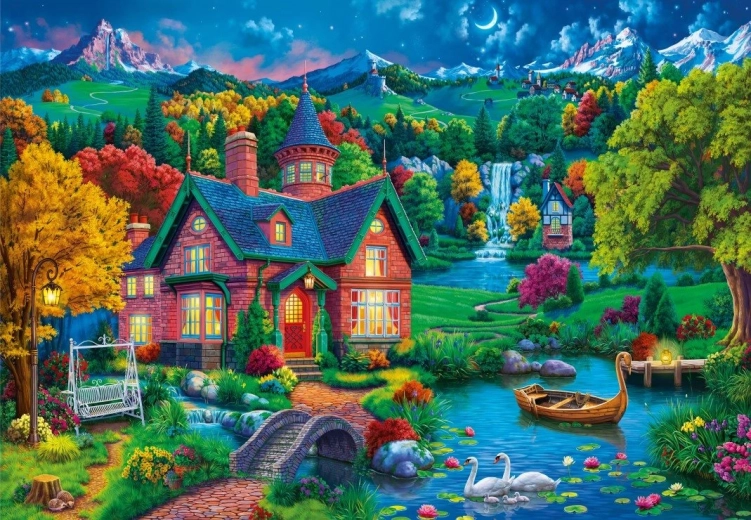 Puzzle Bluebird Casa colorată de lângă lac 1000 piese