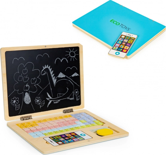 Laptop educațional din lemn cu tablă magnetică și litere ECO TOYS
