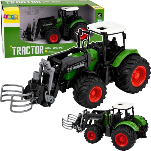 Tractor de fermă cu încărcător frontal și clește pentru baloți 1:24, verde