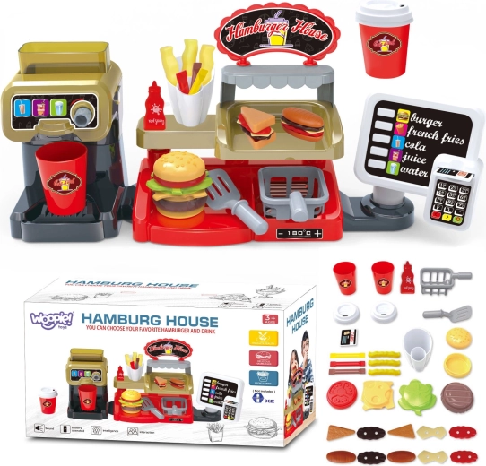 Restaurant fast food XXL WOOPIE de jucărie cu casă de marcat și distribuitor de băuturi