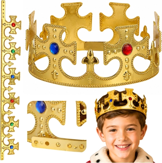 Coroană regală aurie reglabilă cu imitații de pietre prețioase (17–20 cm)