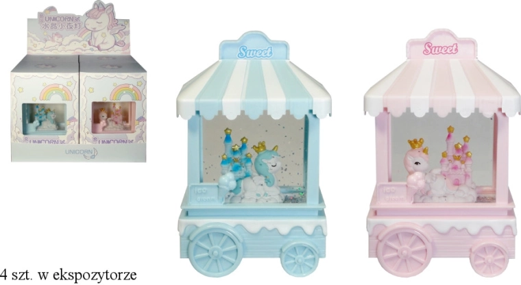 Lampă cu sclipici vortex pe baterii – cărucior cu unicorn