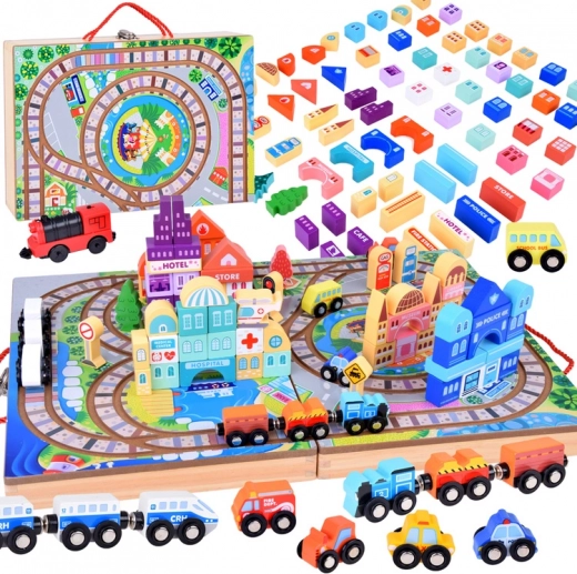 Set de constructii oras din lemn cu trenuri si cutie