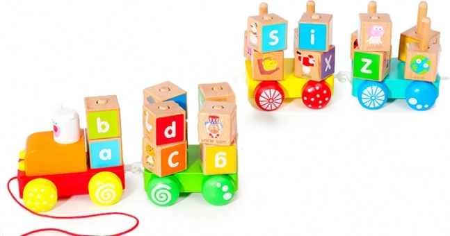 Trenuleț din lemn cu cuburi educative de abecedar de la Ecotoys