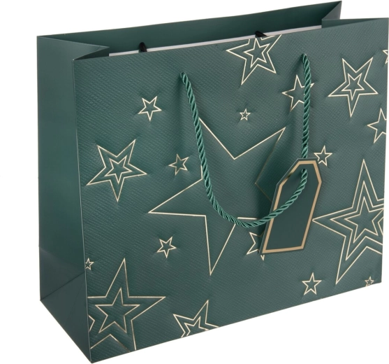 Pungă cadou din hârtie cu motiv de stea, verde, 31 × 12 × 26 cm