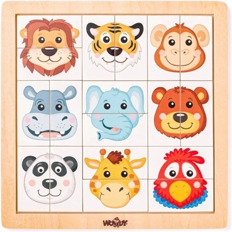 Puzzle din lemn Woody cu capete de animale exotice, 18 piese