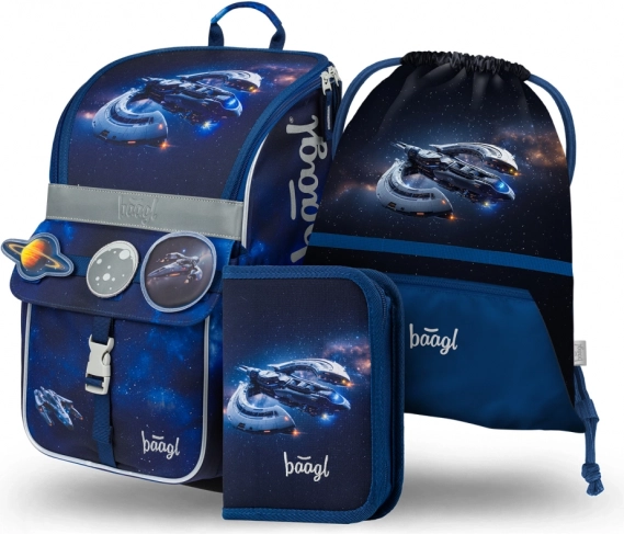 Set școlar Baagl Zippy Navă spațială – ghiozdan tip servietă, penar și săculeț