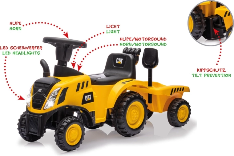 Mașinuță de împins pentru copii, tractor CAT cu remorcă 2 în 1, galben
