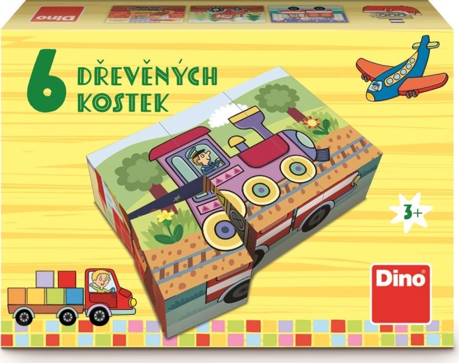 Dino cuburi ilustrate din lemn – Mijloace de transport, 6 cuburi