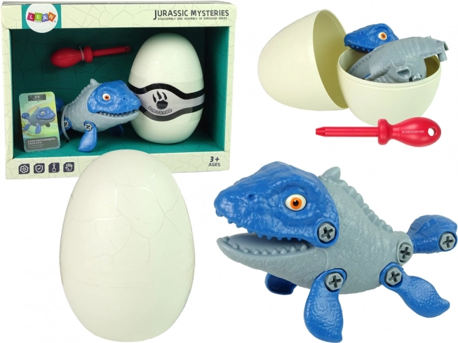 Set dinozaur mosazaur cu ou DIY cu șurubelniță – albastru