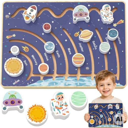 Tooky Toy tablă educațională din lemn cu sistemul solar
