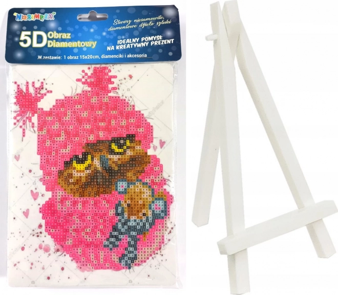 Pictură cu diamante bufniță roz 15 × 20 cm cu suport