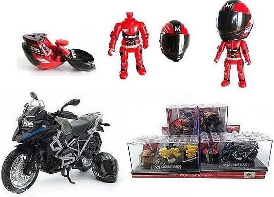 Motocicletă cu cască și figurină de rider (1:14)