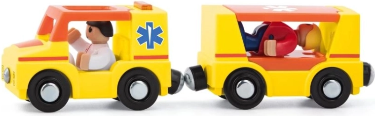 Ambulanță cu remorcă și persoane