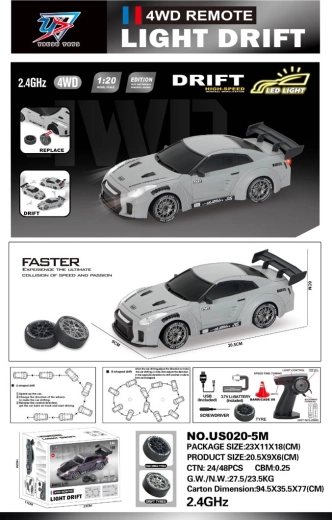 Mașină R/C pentru drift 1:20 cu lumini, gri - 1 bucată