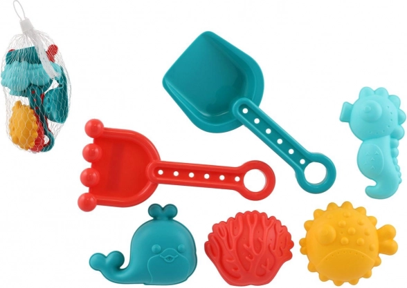 Set din plastic pentru nisip pentru copii cu lopățică, greblă și forme în plasă